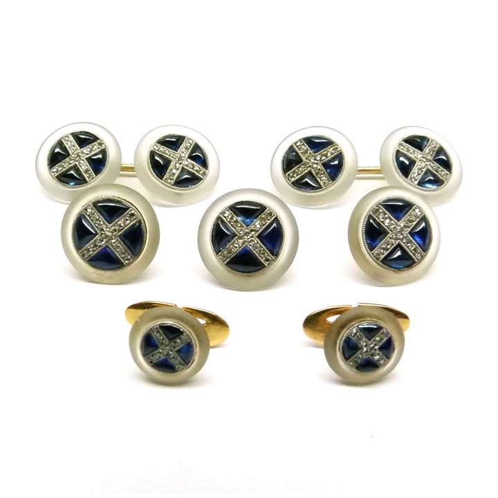 Set of cabochon sapphire, crystal and diamond cufflinks, three buttons and two shirt studs